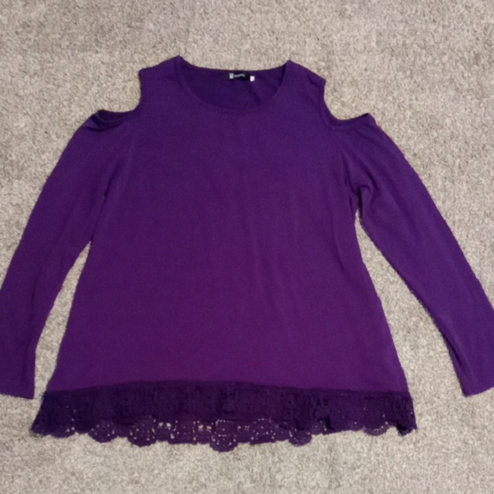 Purple Cold Shoulder Top with Lace Hem